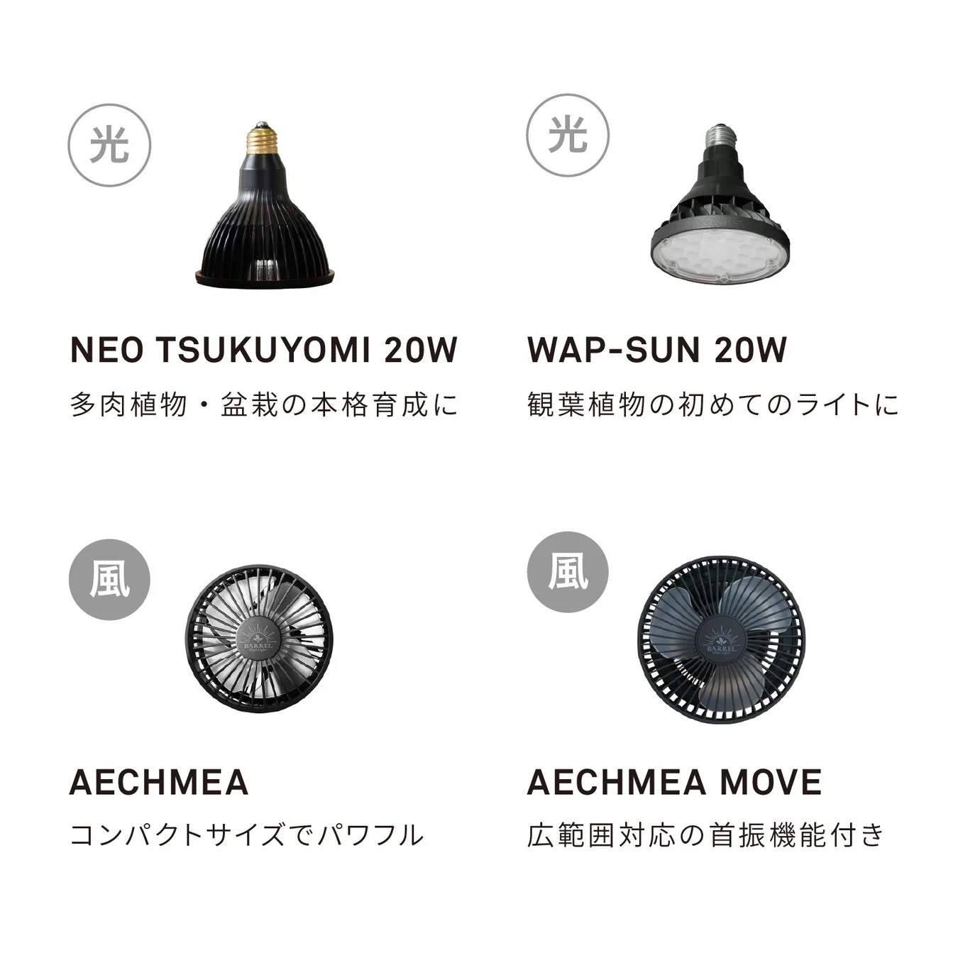 植物育成用のライト2種とファン2種を紹介する画像