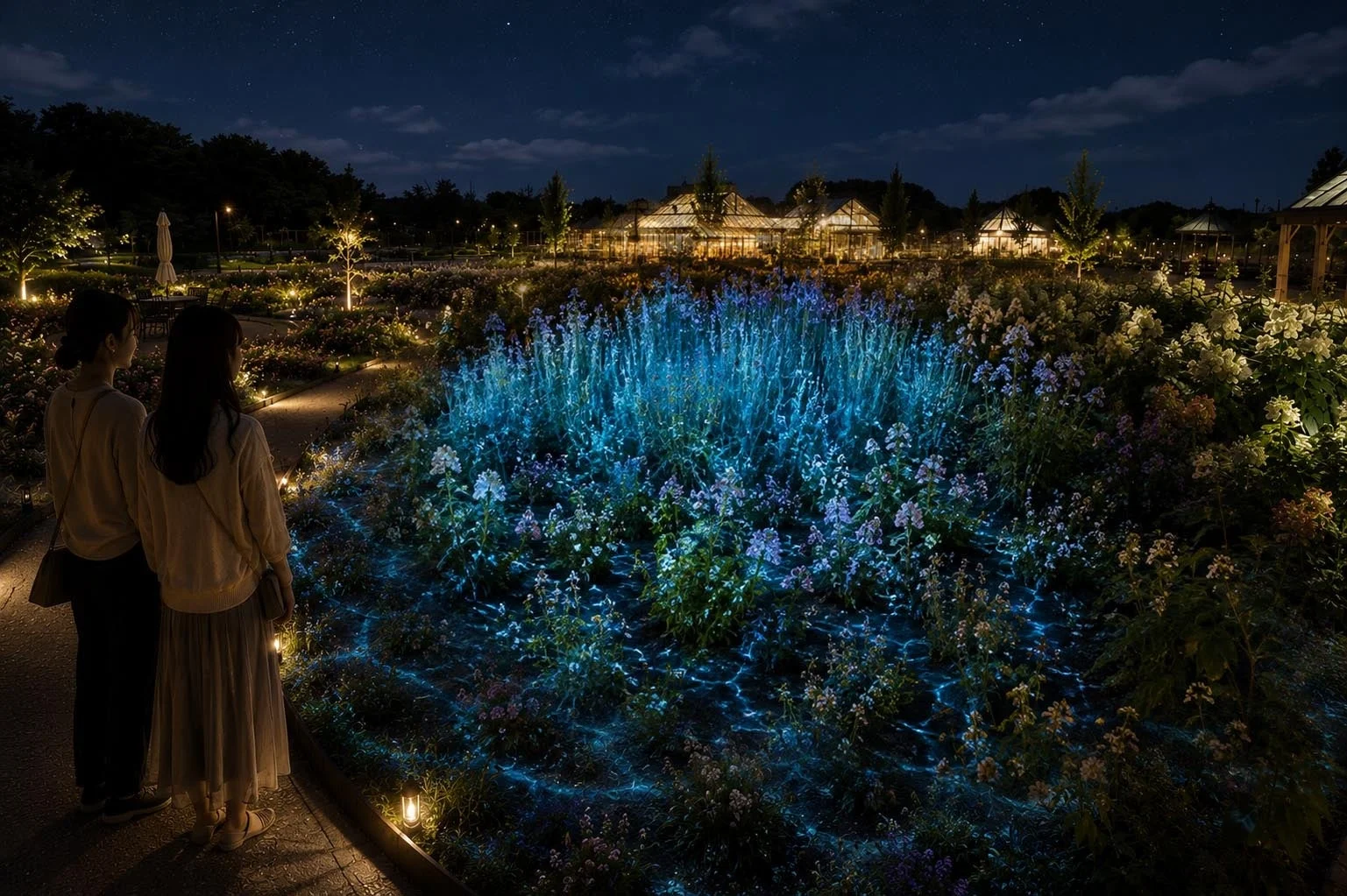 夜の庭園で、青く光る幻想的な花々を眺める二人の女性の姿。背景には温室がライトアップされ、星空の下、ロマンチックな雰囲気が漂う光のイベントの情景です。