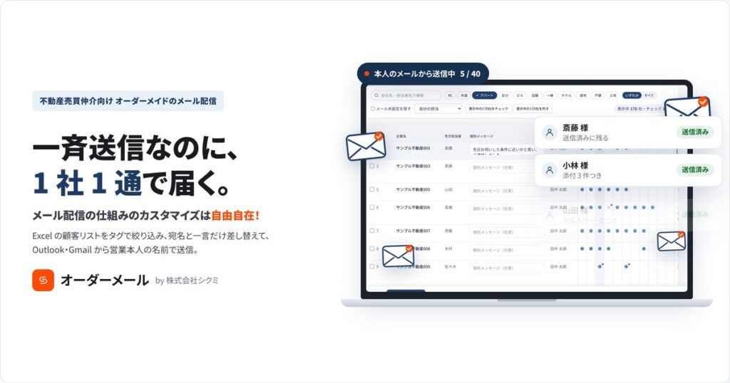 物件紹介メール、まだ BCC で一斉送信していませんか。宛名入りで 1 社 1 通ずつ届く、不動産売買仲介向け「オーダーメール」提供開始。無料で試せます