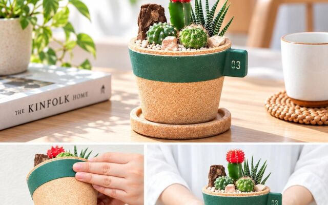 置くだけで部屋がカフェ風に。マグカップ型プランターのサボテン寄せ植えに、新たな配色2種類が登場